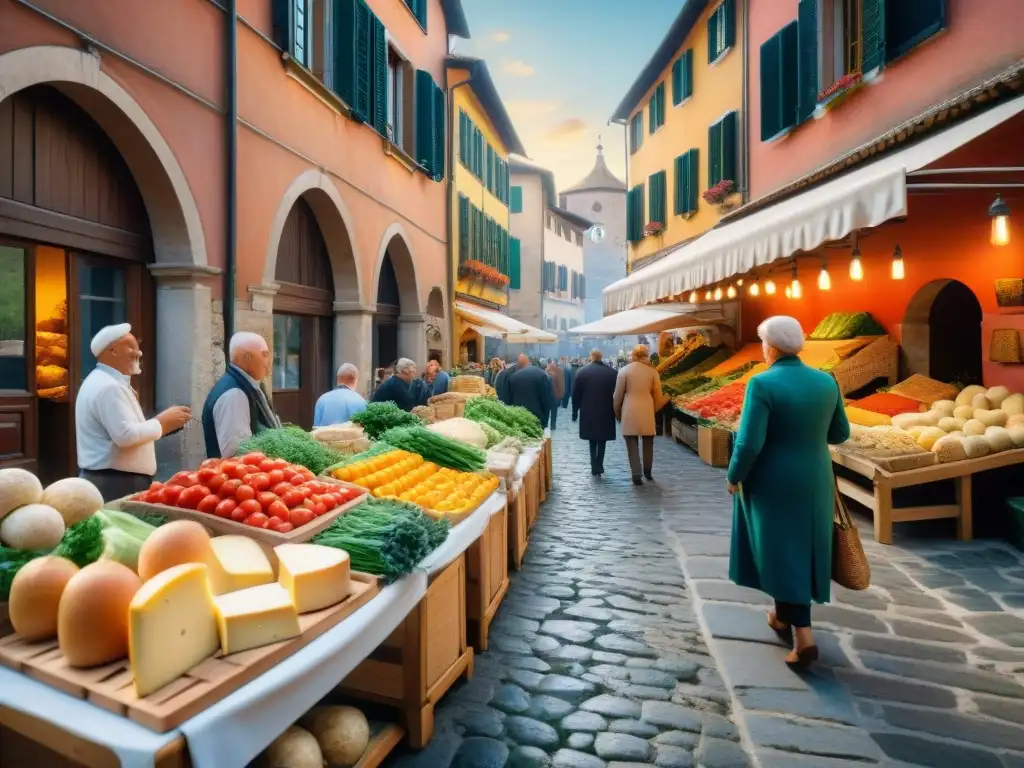 Un mercado bullicioso en el norte de Italia con vegetales coloridos, quesos artesanales y pan recién horneado