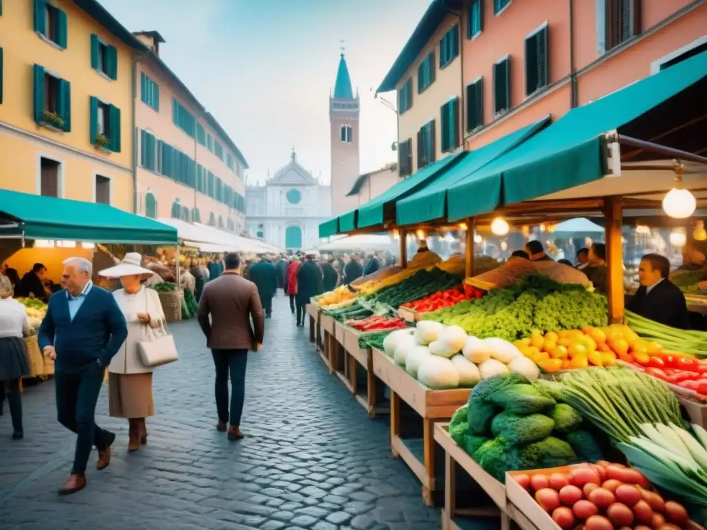 Un mercado bullicioso en el norte de Italia con vegetales y frutas frescas, locales y turistas comprando