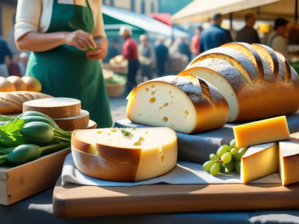 Un mercado agrícola bullicioso en un pintoresco pueblo del norte de Italia, resaltando la sostenibilidad en cocina norte Italia