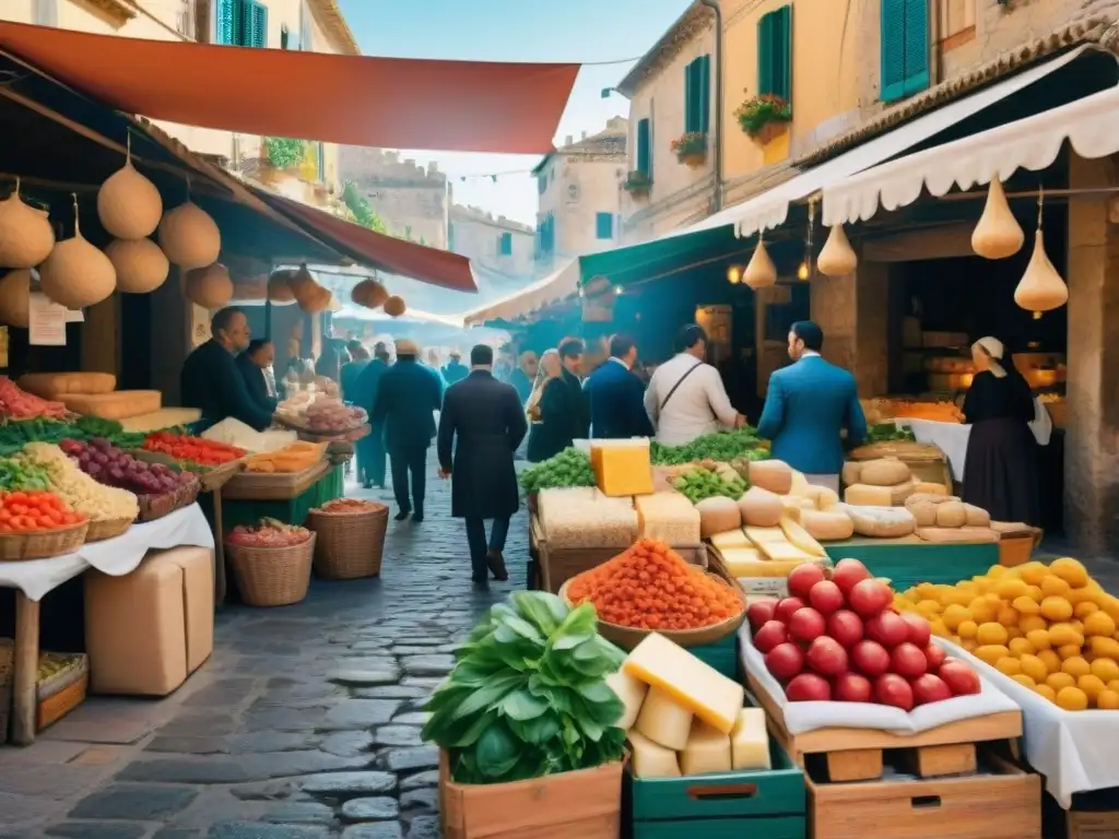 Un mercado bullicioso en Sicilia con productos frescos y locales