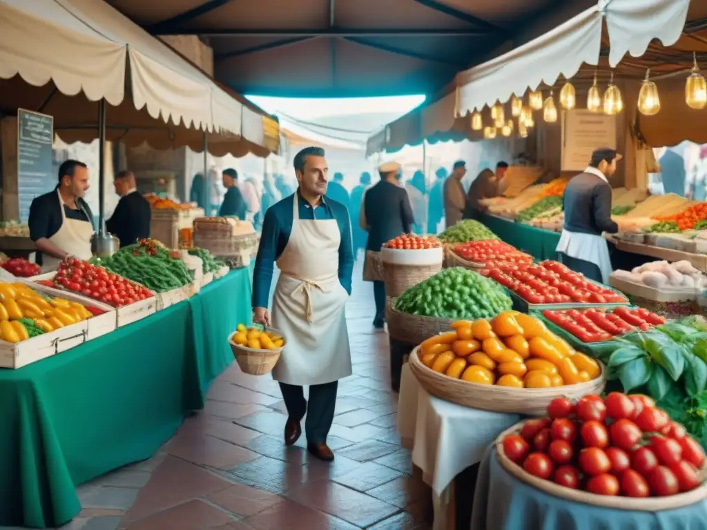 Un mercado bullicioso en Sicilia con productos frescos y coloridos, influencia cocina italiana en árabe