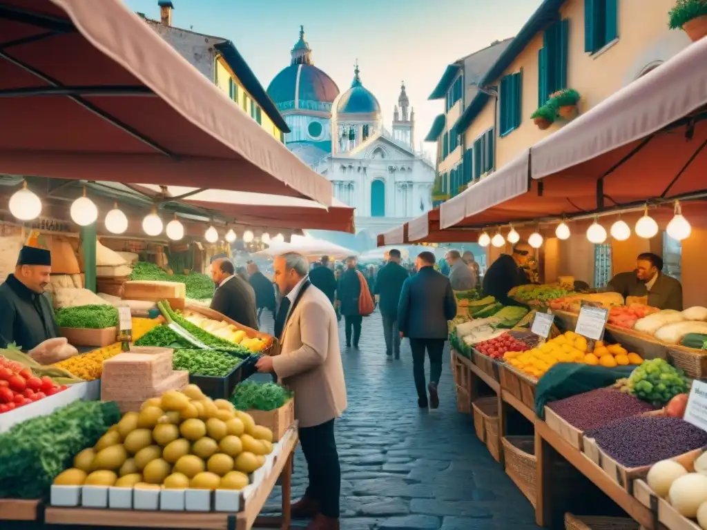 Un mercado bullicioso en Italia con productos frescos y coloridos, quesos locales, hierbas aromáticas y pan artesanal