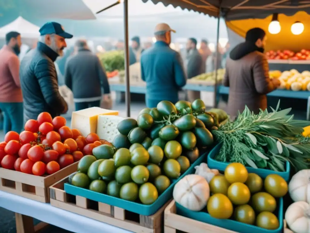 Un mercado bullicioso en Italia con productos orgánicos frescos, donde los agricultores locales interactúan con los clientes bajo el cálido sol