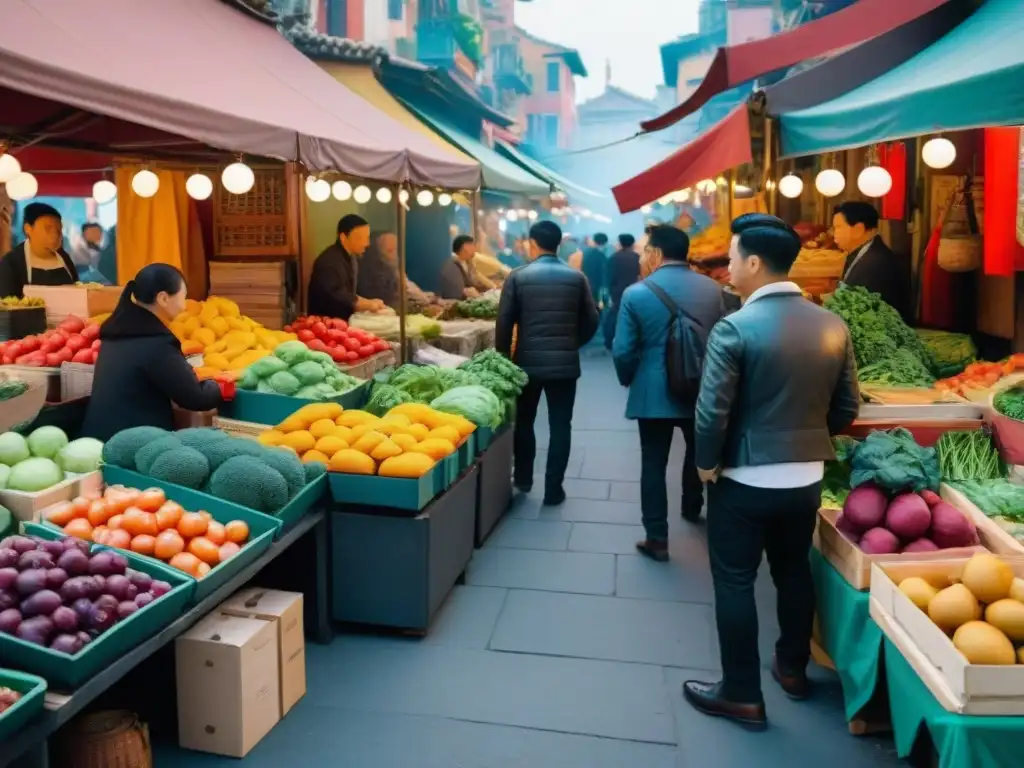 Mercado bullicioso en Chinatown: puestos coloridos con frutas y verduras exóticas, y receta auténtica de chop suey italiano