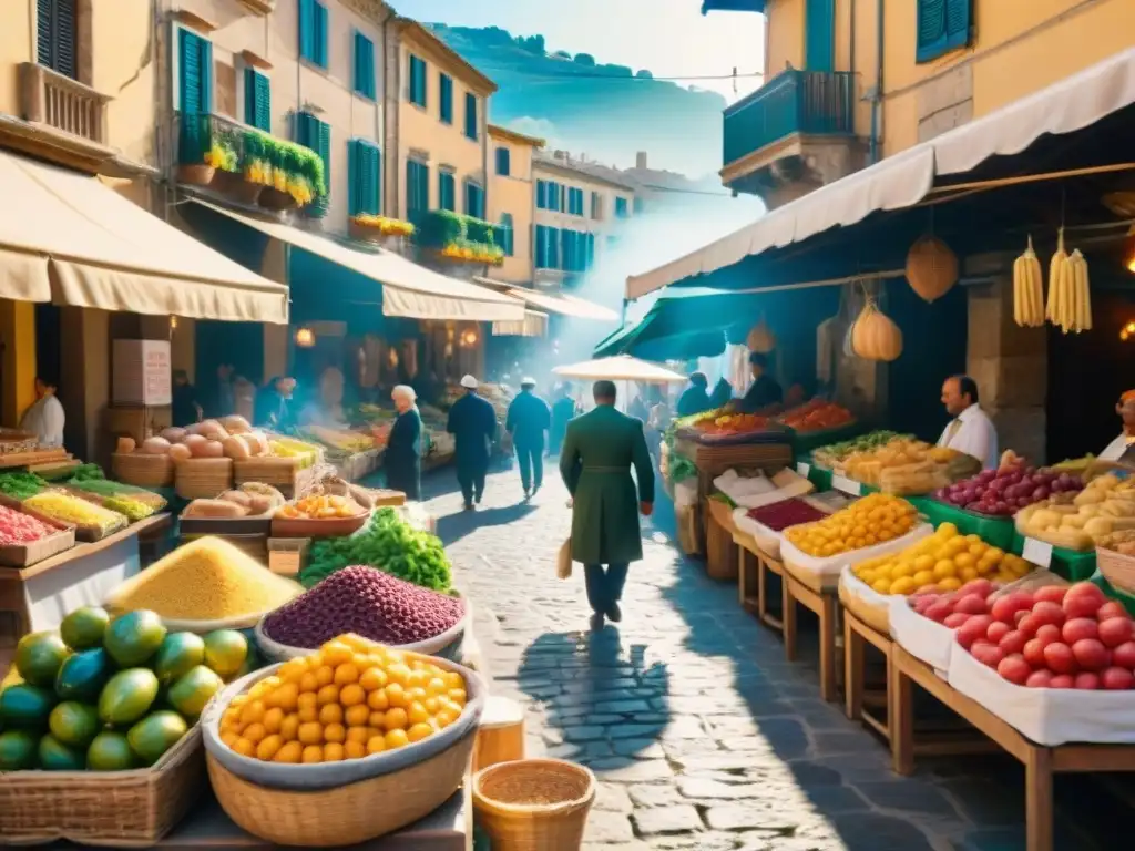 Un mercado bullicioso en Sicilia con puestos de productos coloridos, vendedores locales y cocina siciliana platos tradicionales