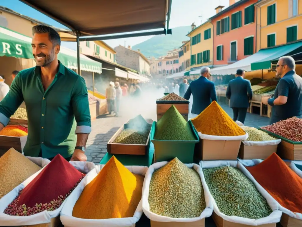 Un mercado bullicioso en Liguria, Italia, rebosante de especias coloridas como azafrán, albahaca y romero