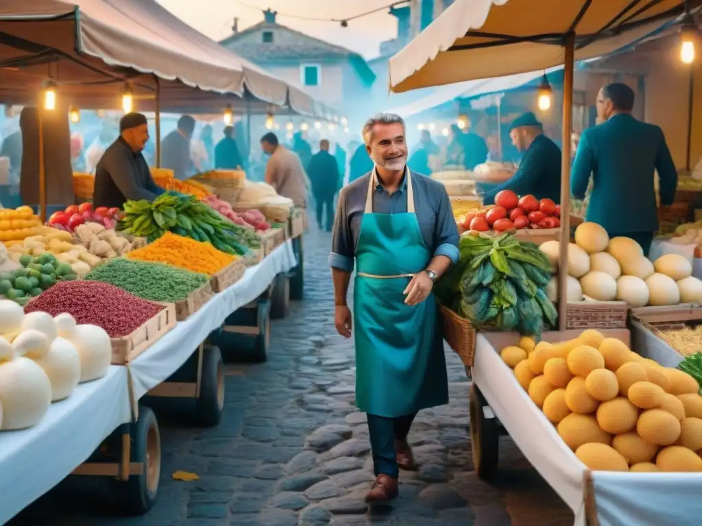 Un mercado bullicioso en el sur de Italia: fusión culinaria, colores vibrantes y productos frescos bajo el sol mediterráneo