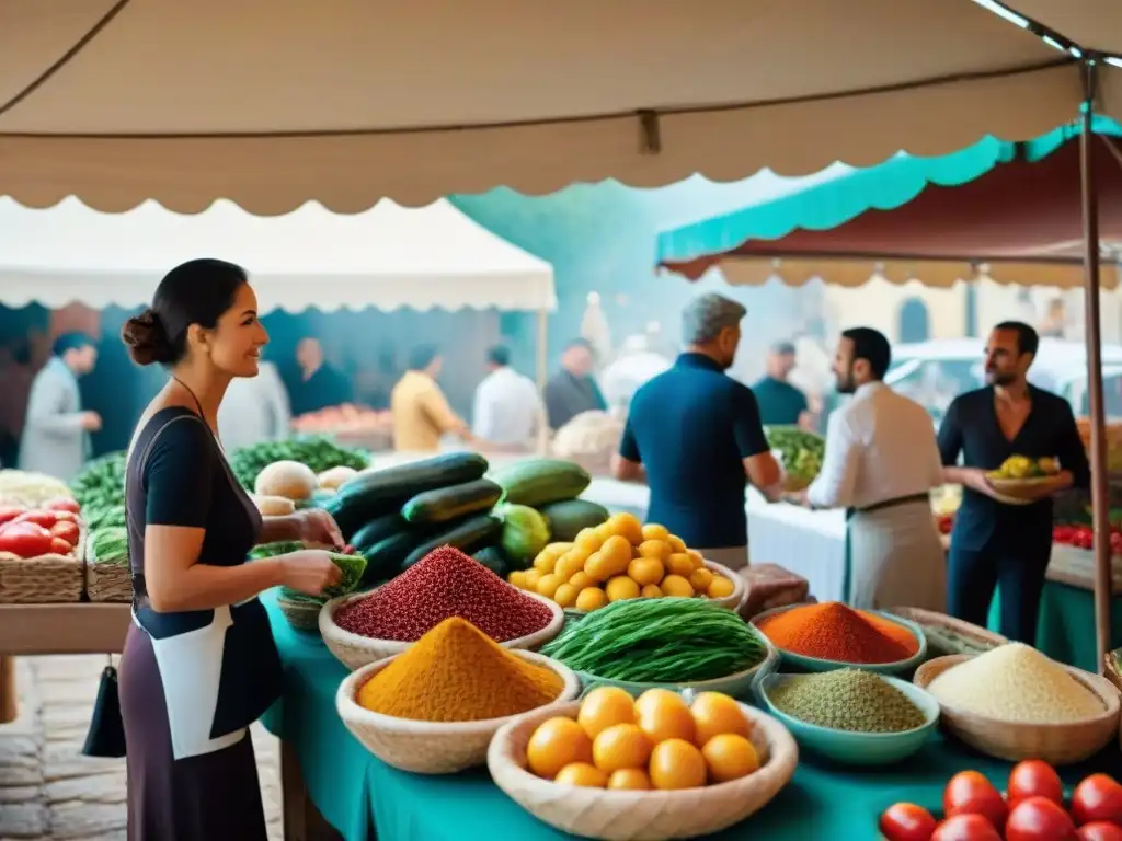 Un mercado bullicioso en el sur de Italia con productos frescos y coloridos, reflejando la esencia de las tradiciones culinarias de la región