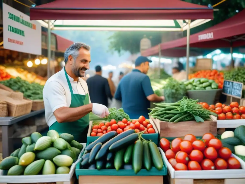 Un mercado bullicioso en la Toscana con ingredientes para la receta tradicional panzanella italiana