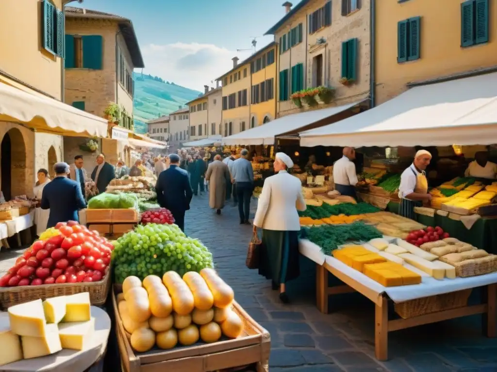 Un mercado bullicioso en Toscana con productos frescos y vendedores entusiastas