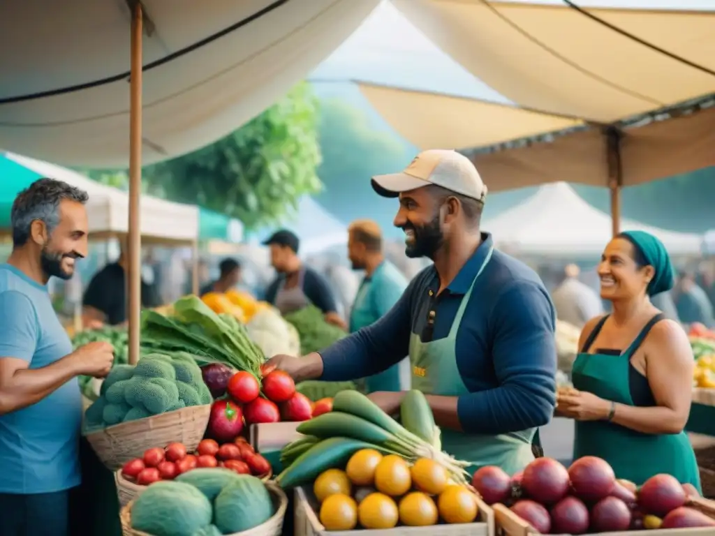 Mercado bullicioso en Italia, exhibiendo variada y fresca comida vendida por granjeros locales