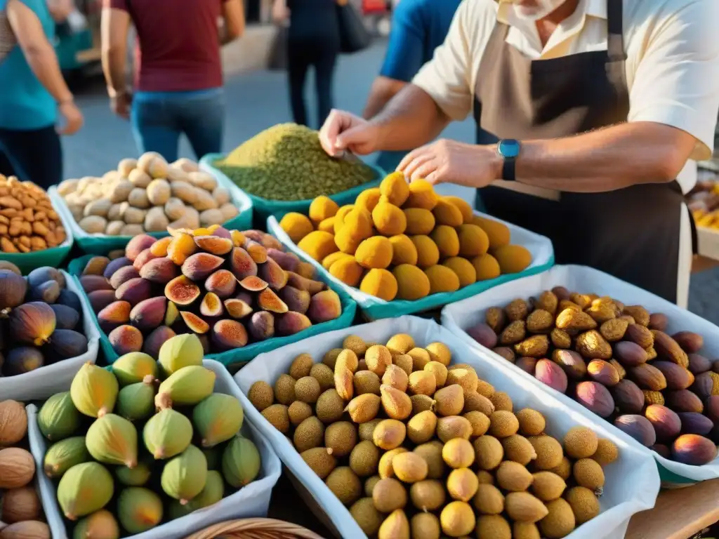 Un mercado bullicioso en Calabria, Italia, con vendedores preparando Fichi Secchi Ripieni