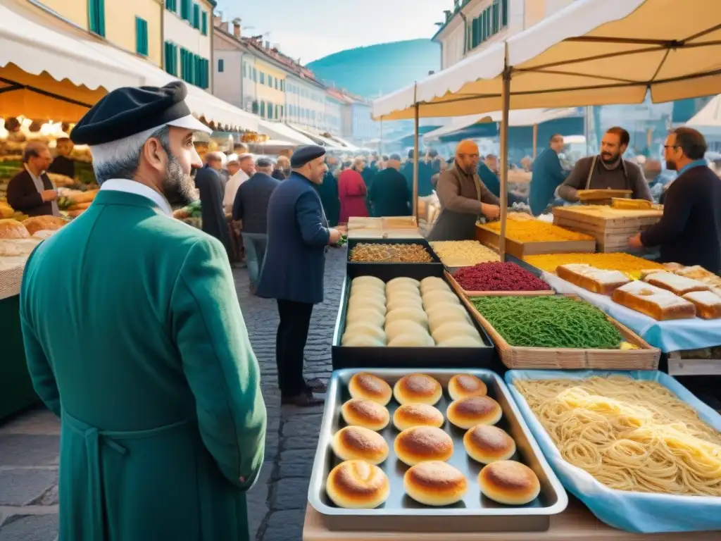 Mercado callejero bullicioso en Trieste, Italia, con influencia austrohúngara en cocina italiana