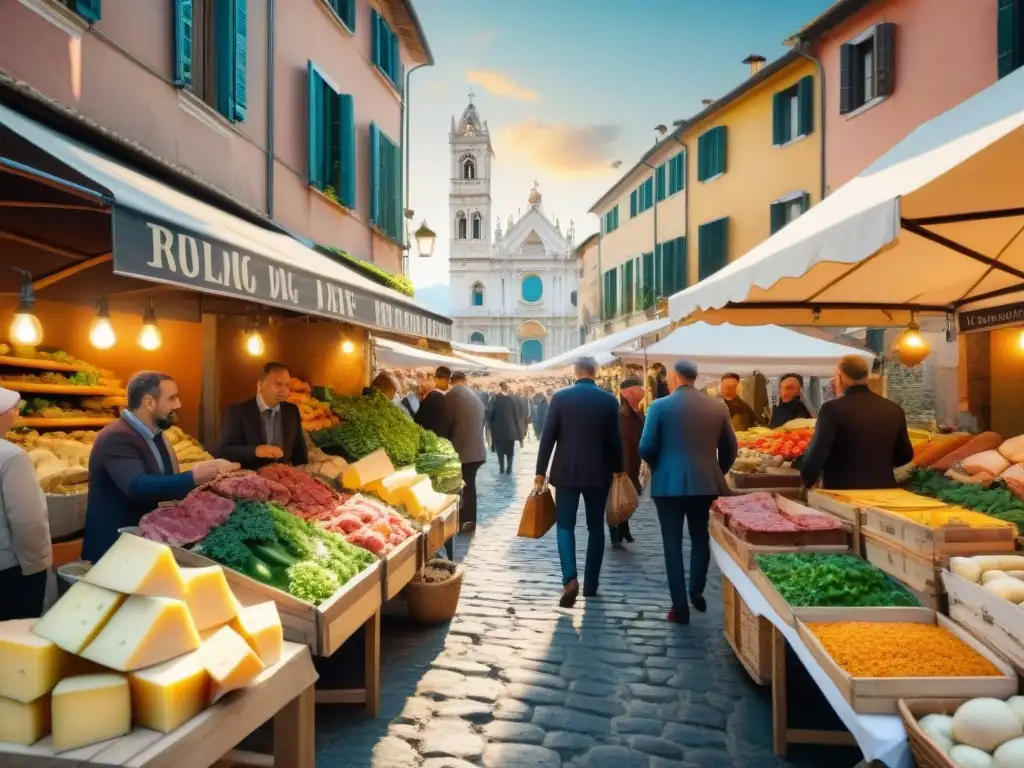 Mercado callejero en encantador pueblo italiano, puestos de comida coloridos y vendedores ofreciendo especialidades