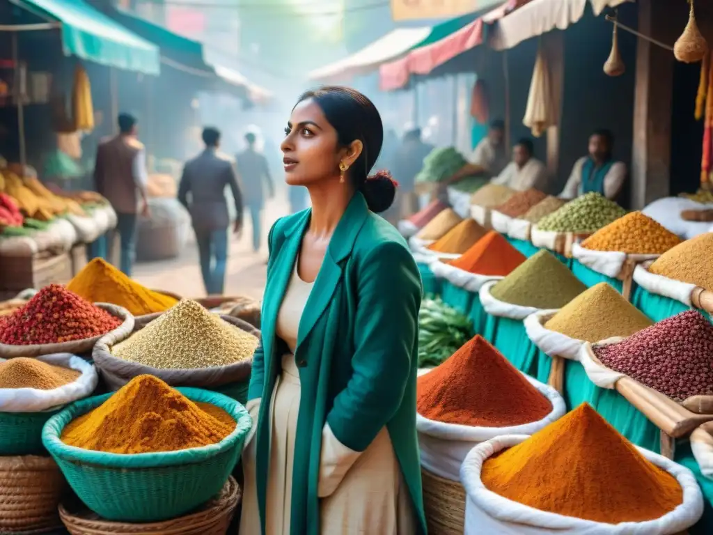 Mercado callejero en la India: vendedor explica especias con colores vibrantes