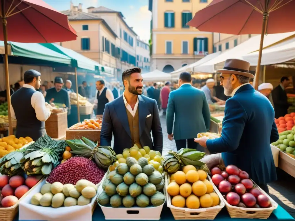 Mercado callejero en Roma con influencia judía en la cocina italiana: colores, sabores y tradiciones fusionadas