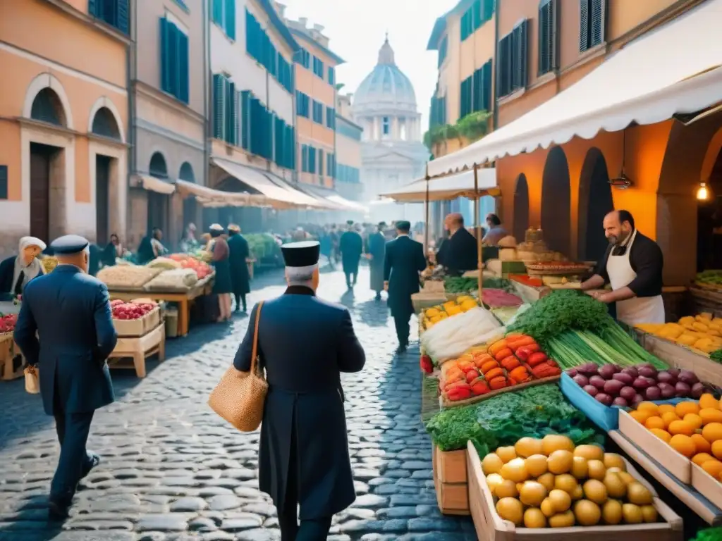 Mercado callejero en Roma con influencia judía en cocina italiana, ajetreo de colores y sabores