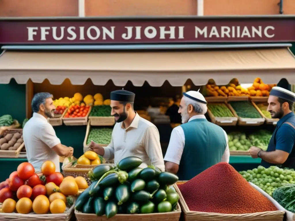 Mercado callejero en Roma con influencia judía en la cocina italiana y vibrante variedad de productos frescos y especias