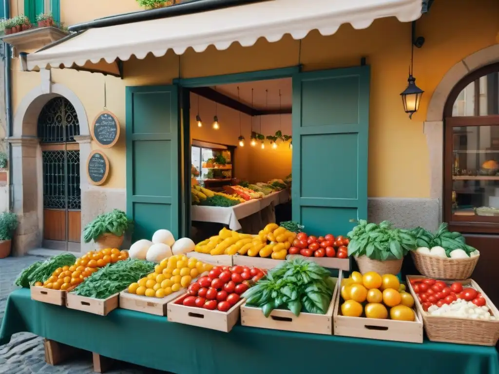 Un mercado callejero italiano animado con productos frescos y coloridos