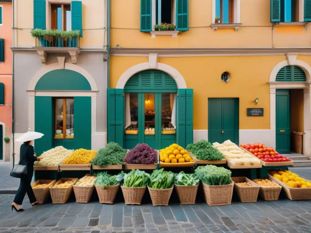 Un mercado callejero italiano bullicioso con puestos coloridos rebosantes de productos frescos, pasta casera, quesos artesanales y hierbas aromáticas