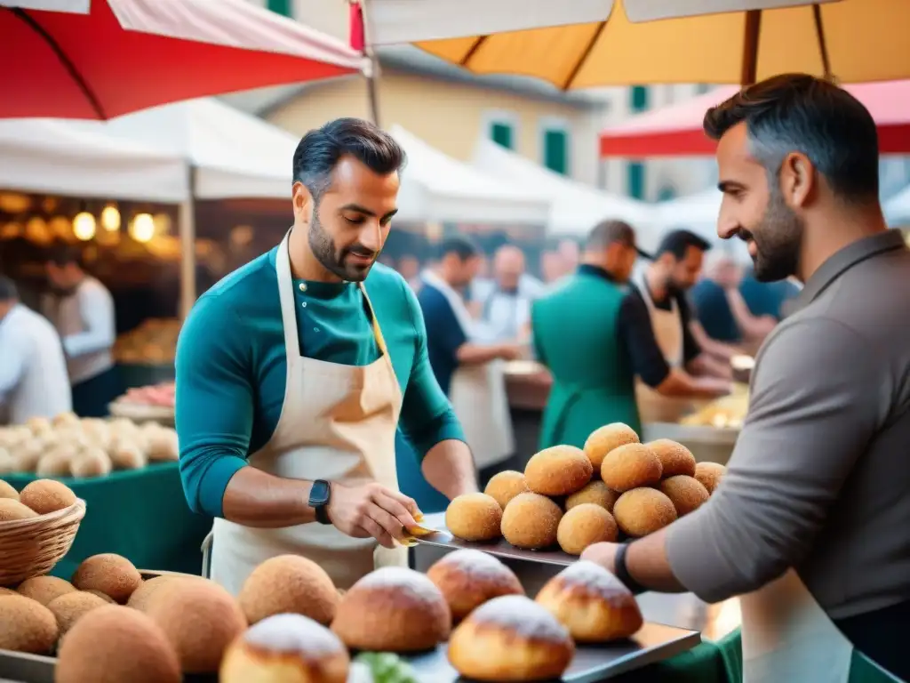 Un mercado callejero italiano bullicioso, lleno de puestos de comida vibrantes que muestran una variedad de street food tradicional e innovador