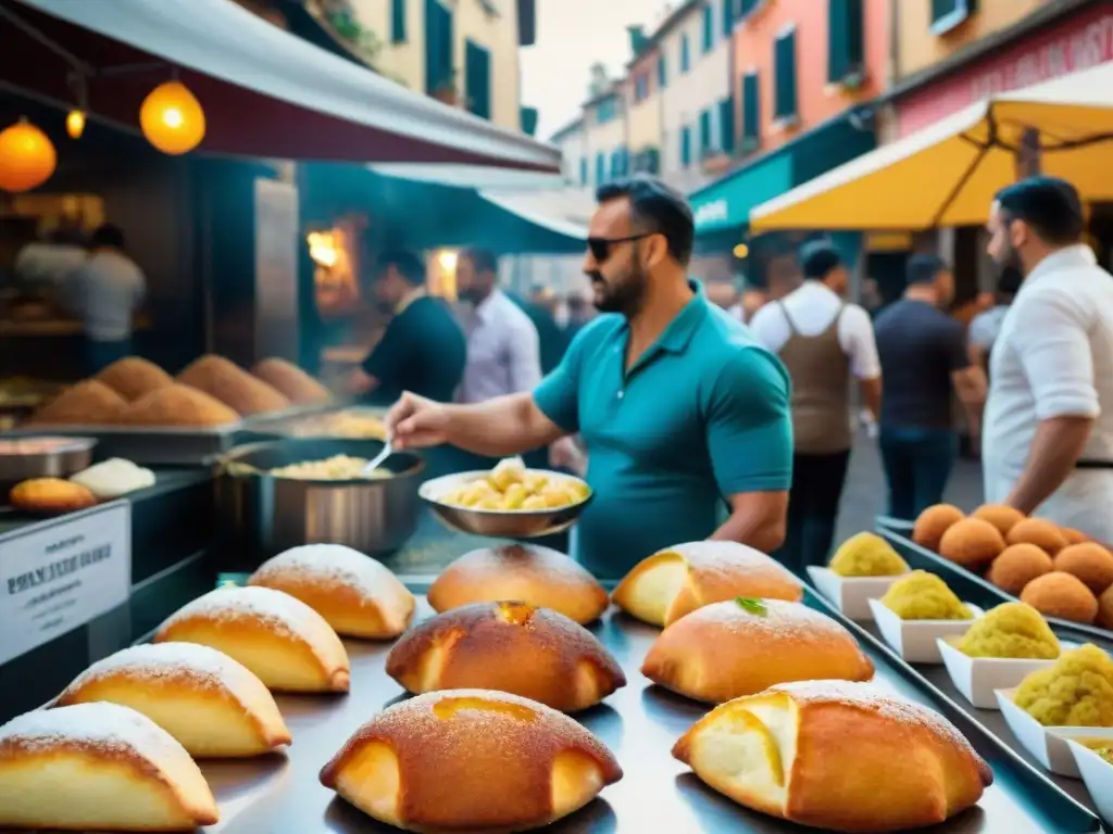 Un mercado callejero italiano bullicioso con una variedad de delicias como arancini y cannoli