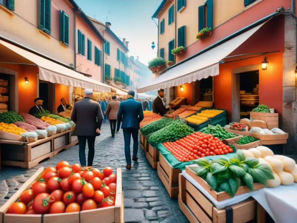 Un mercado callejero italiano bullicioso con productos frescos y coloridos, reflejando la esencia de la dieta italiana y la gastronomía