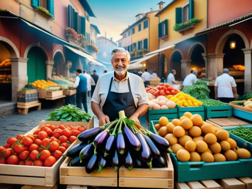 Un mercado callejero italiano bullicioso, lleno de colores vibrantes y aromas tentadores