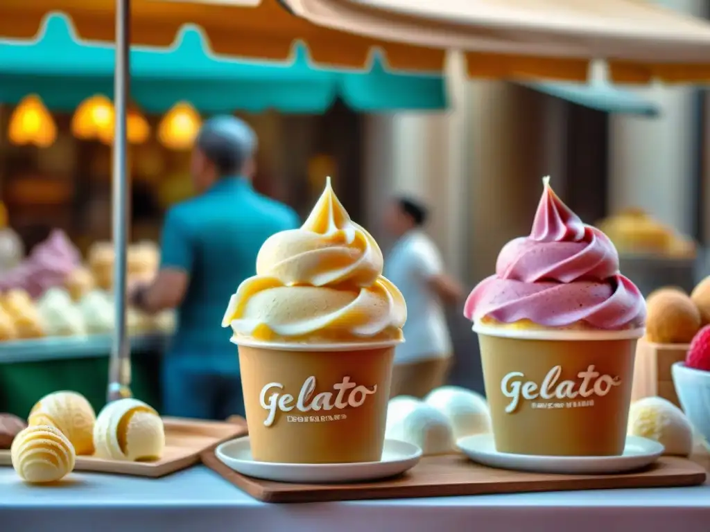 Un mercado callejero italiano bullicioso con una variedad vibrante de sabores y colores de gelato