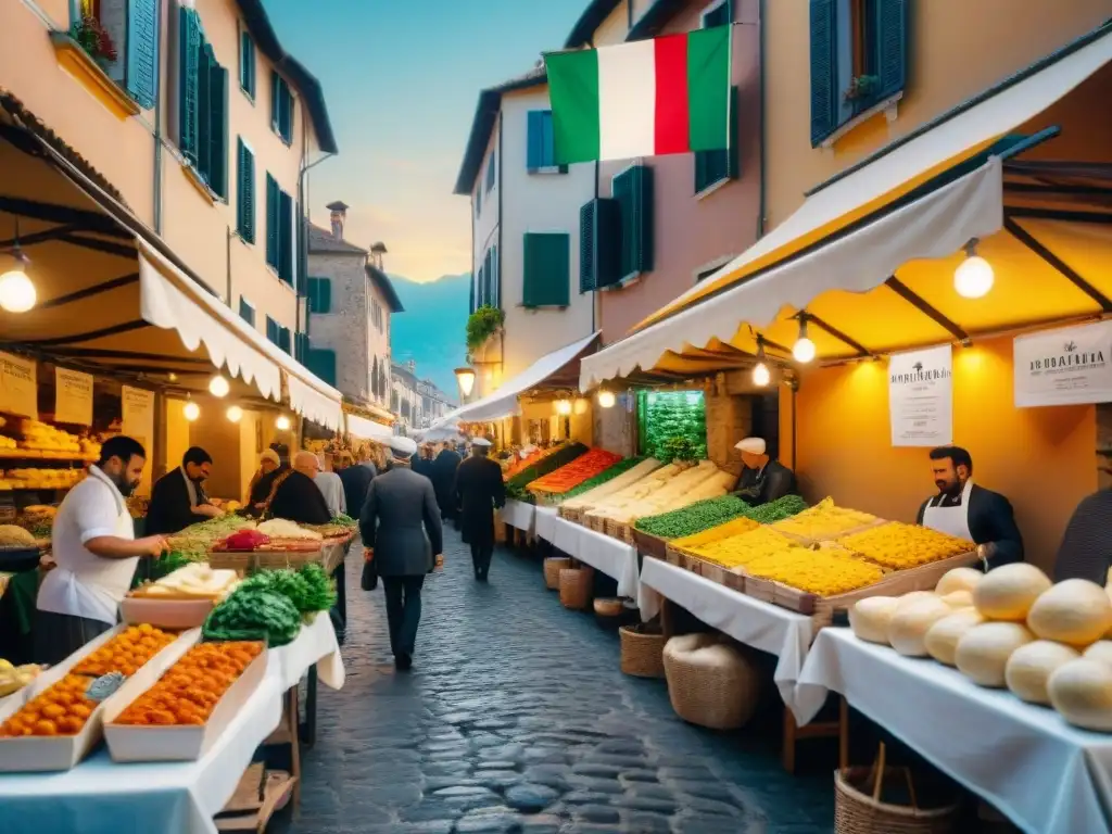 Un mercado callejero italiano bullicioso, lleno de coloridos puestos rebosantes de productos frescos, quesos artesanales y pasta casera