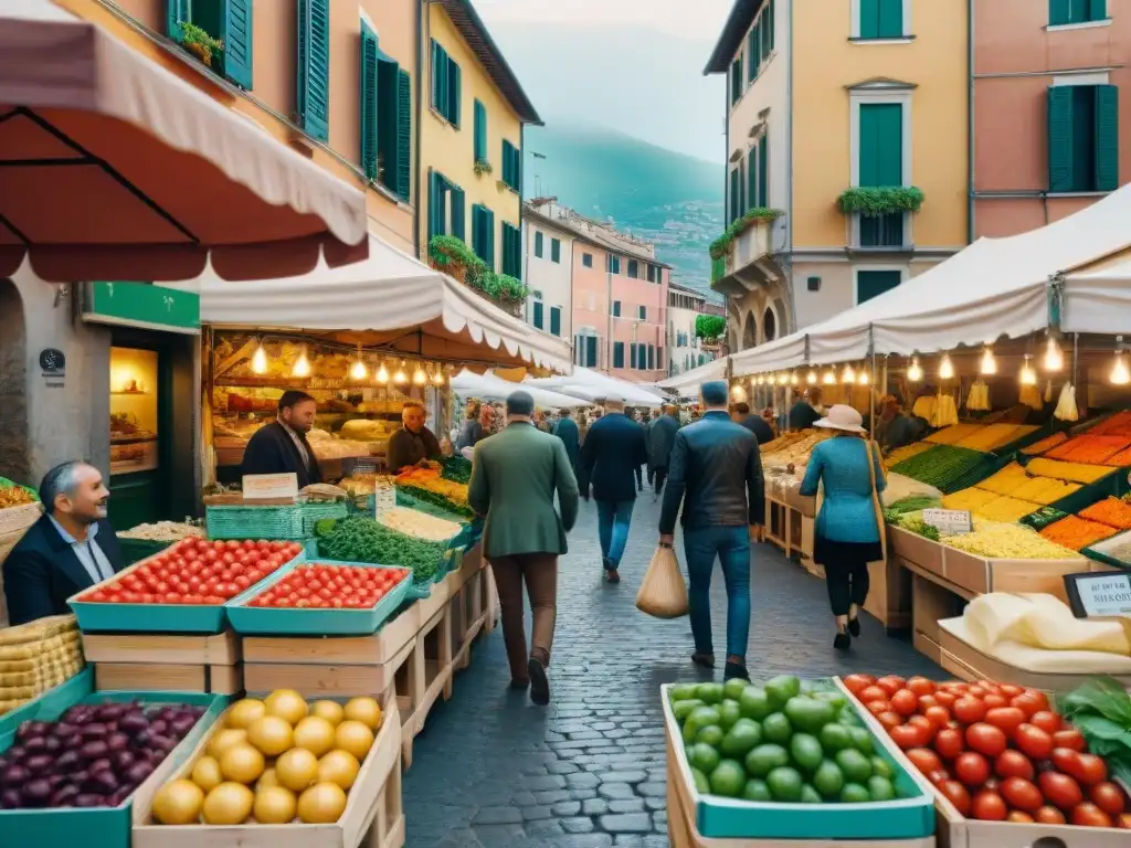 Mercado callejero italiano con influencia de la música pop: productos frescos, vendedores y edificios históricos