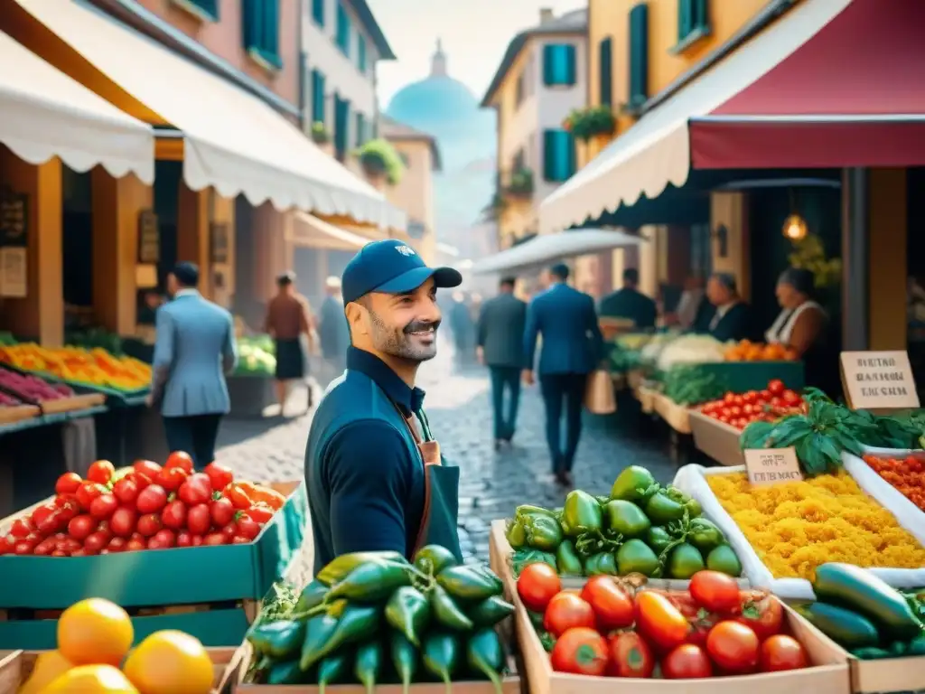 Mercado callejero italiano con productos frescos y coloridos, arquitectura tradicional y ambiente animado