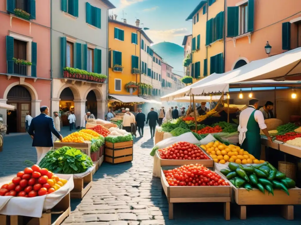 Un mercado callejero italiano rebosante de productos frescos, con vendedores locales y una atmósfera auténtica