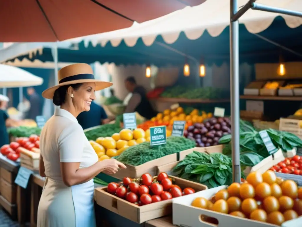 Mercado callejero italiano, vibrante y colorido, con productos frescos y vendedores locales