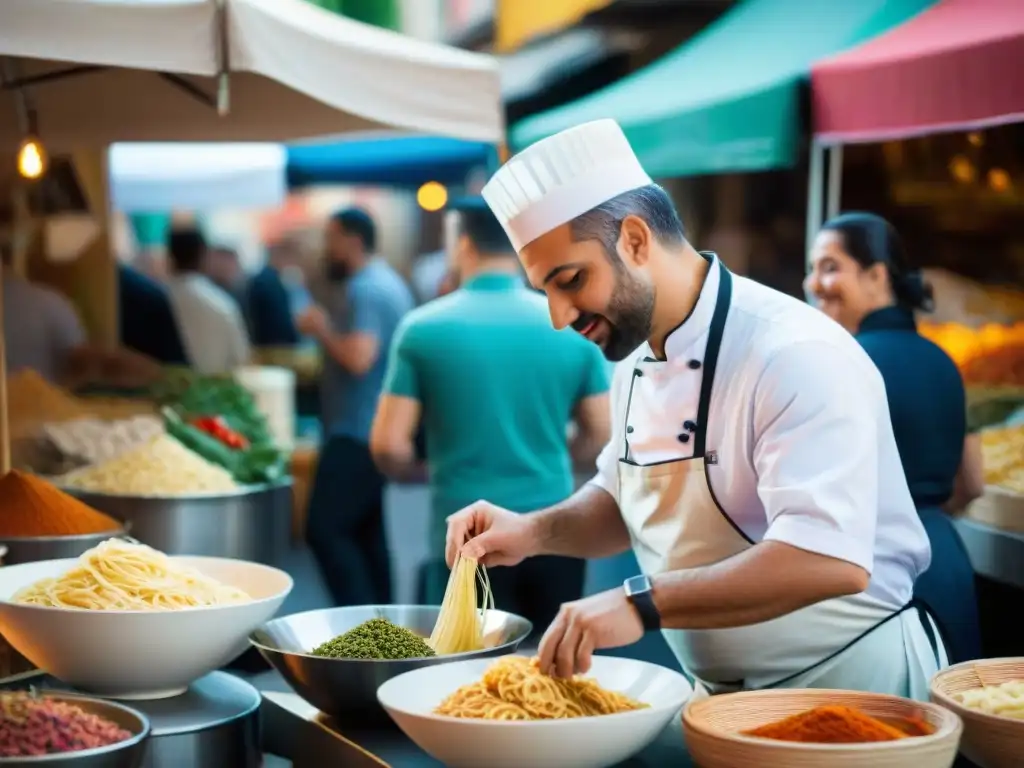 Un mercado callejero italiano vibrante con influencias culinarias de inmigrantes, fusionando sabores y culturas