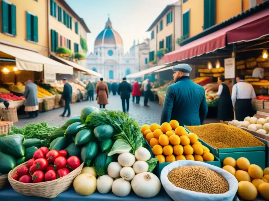 Mercado callejero italiano vibrante con productos frescos y coloridas especias, reflejando las tendencias revistas gastronómicas italianas