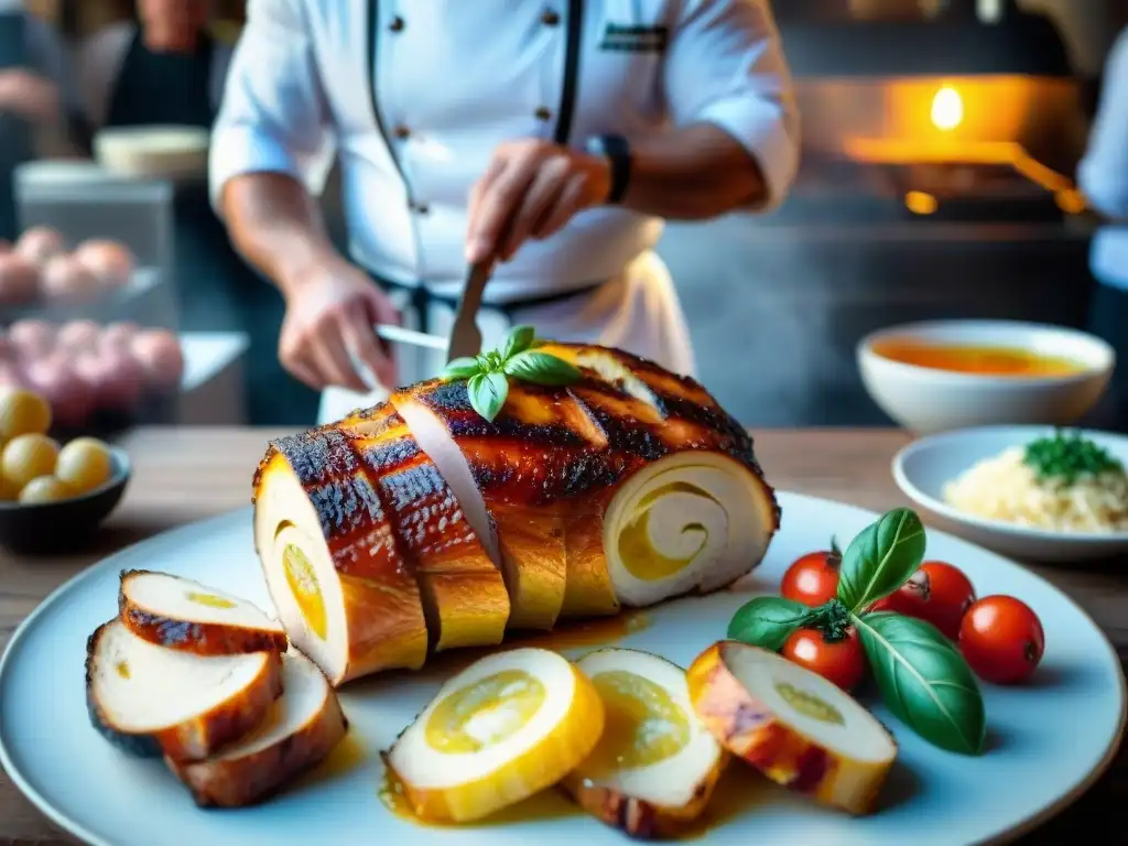 Un mercado callejero en Ariccia, Lazio, donde se corta una porchetta dorada y crujiente, en una escena culinaria auténtica