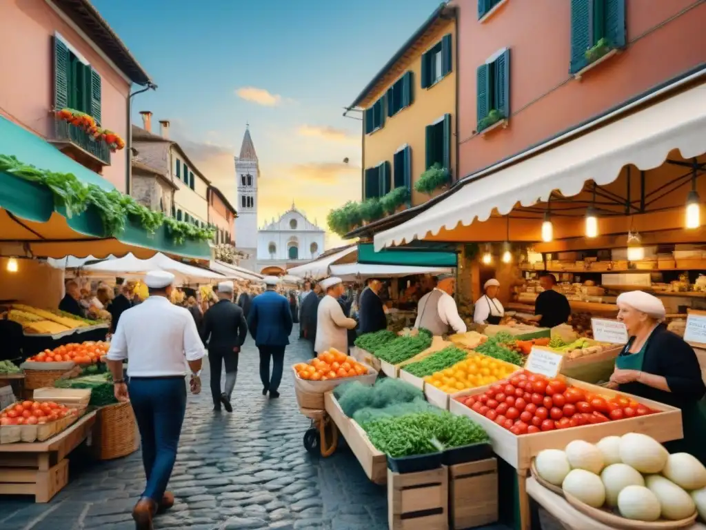 Un mercado callejero vibrante en Italia con cocina italiana tradicional saludable