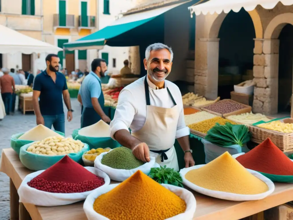 Un mercado callejero vibrante en el corazón de Puglia, Italia, mostrando una variedad de delicias culinarias tradicionales italianas