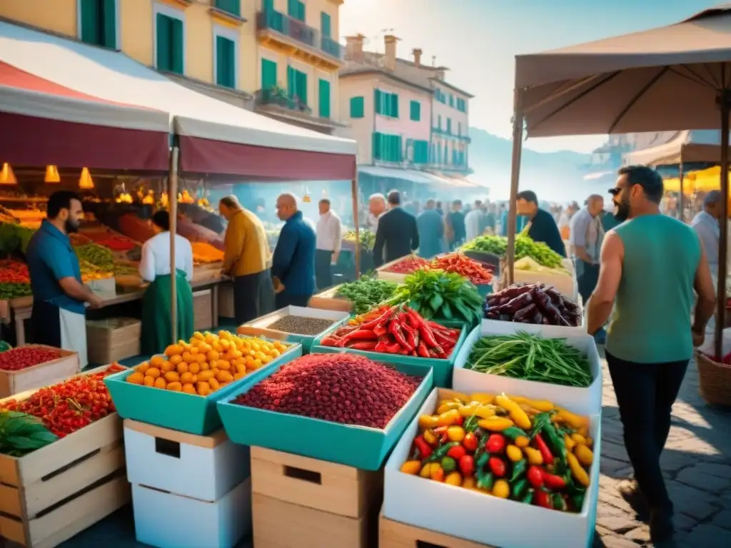 Mercado callejero vibrante en Calabria, Italia, con especias picantes y hierbas frescas