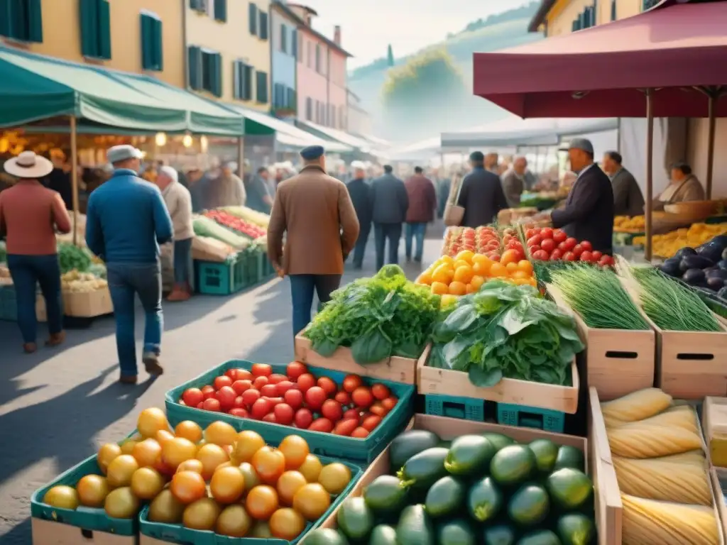 Un mercado campesino italiano rebosante de ingredientes sostenibles: tomates maduros, hierbas frescas, quesos artesanales y pasta hecha a mano