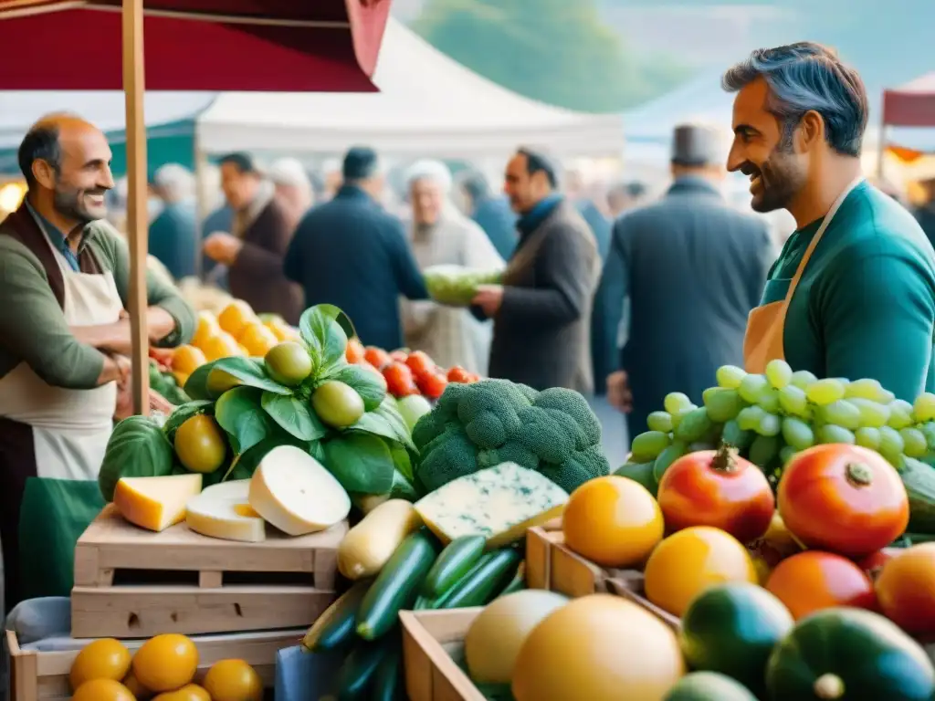 Un mercado campesino vibrante en Italia, lleno de coloridos productos frescos y quesos locales, reflejando el origen y expansión del Slow Food