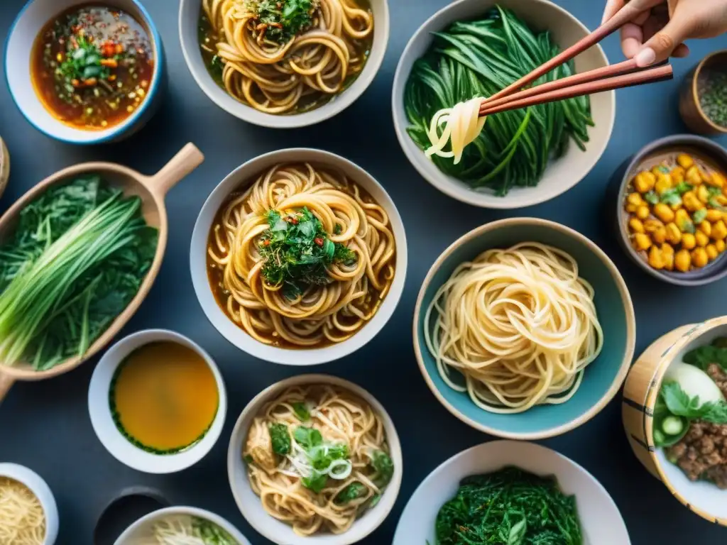 Mercado chino con fideos hechos a mano en diversas formas y tamaños, resaltando la tradición culinaria