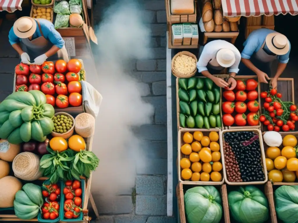 Un mercado de comida al aire libre en Italia con una vibrante variedad de productos frescos