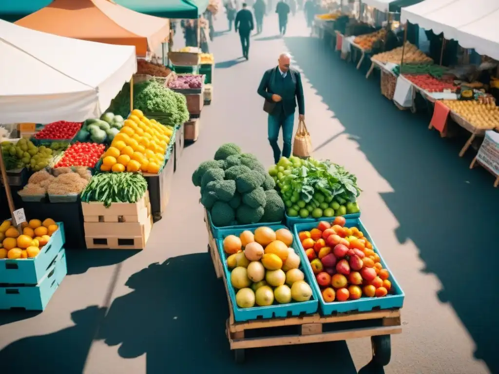 Un mercado comunitario lleno de vida en Italia, bajo el cálido sol mediterráneo