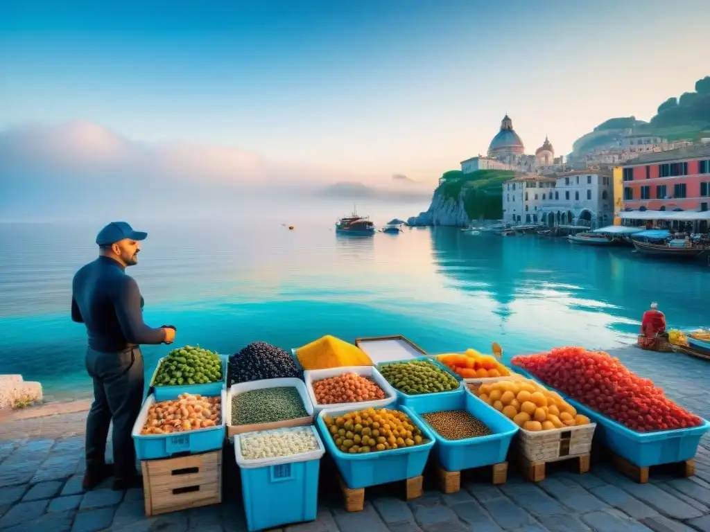 Mercado costero italiano vibrante y bullicioso, pescadores descargan mariscos frescos mientras chefs inspeccionan, bajo cielo azul