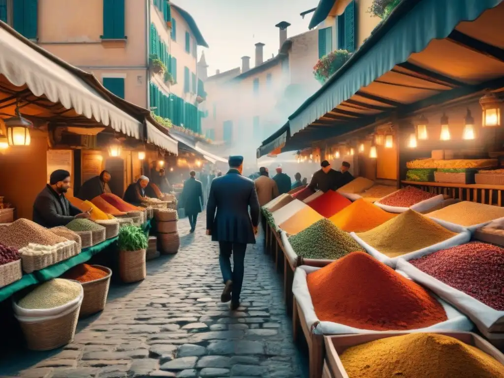 Un mercado de especias en una antigua ciudad italiana: coloridas paradas rebosantes de azafrán, canela y pimentón