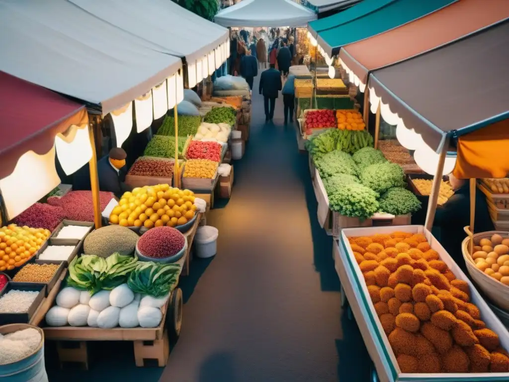 Un mercado étnico en Italia rebosante de vida y color, con puestos variados y clientes disfrutando de la diversidad culinaria