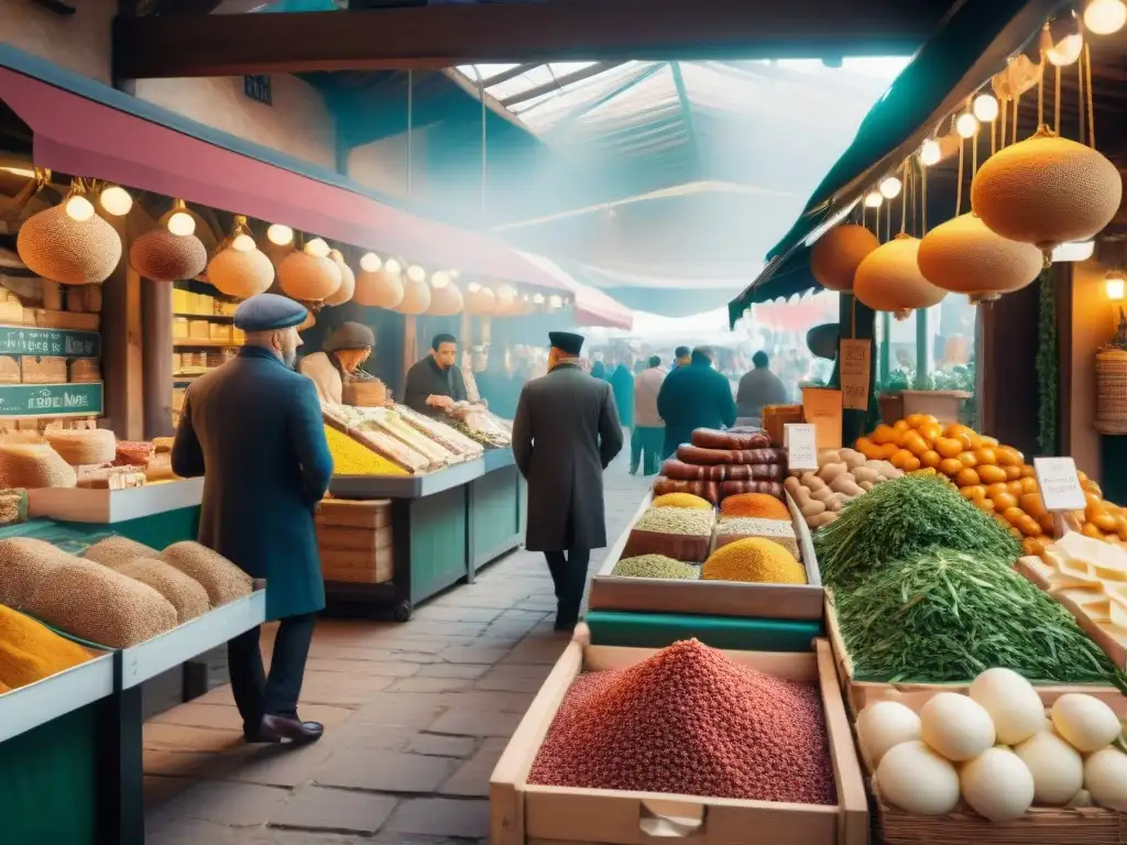 Un mercado gourmet italiano rebosante de vida y color, con productos étnicos que invitan a explorar