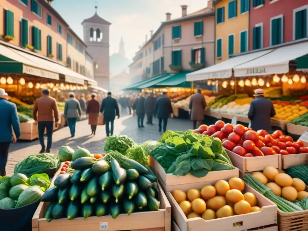 Mercado italiano al aire libre con influencia de dieta vegetariana en cocina italiana, mostrando productos frescos y coloridos